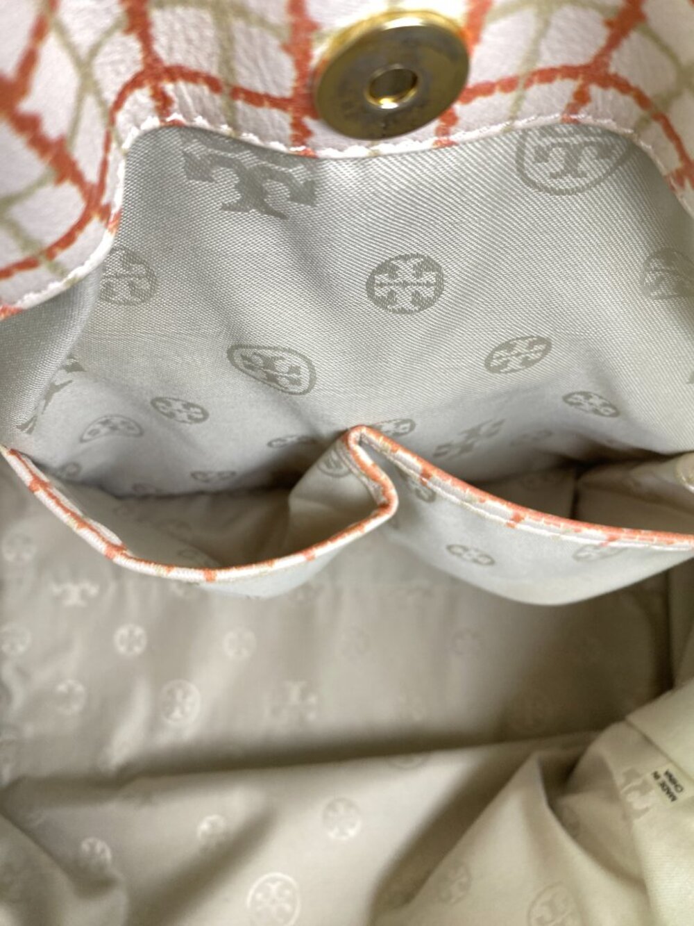 Tory Burch Priscilla Grid Satchel Ivory Orange Leather Top Handle 🌼 Arden - Picture 10 of 17